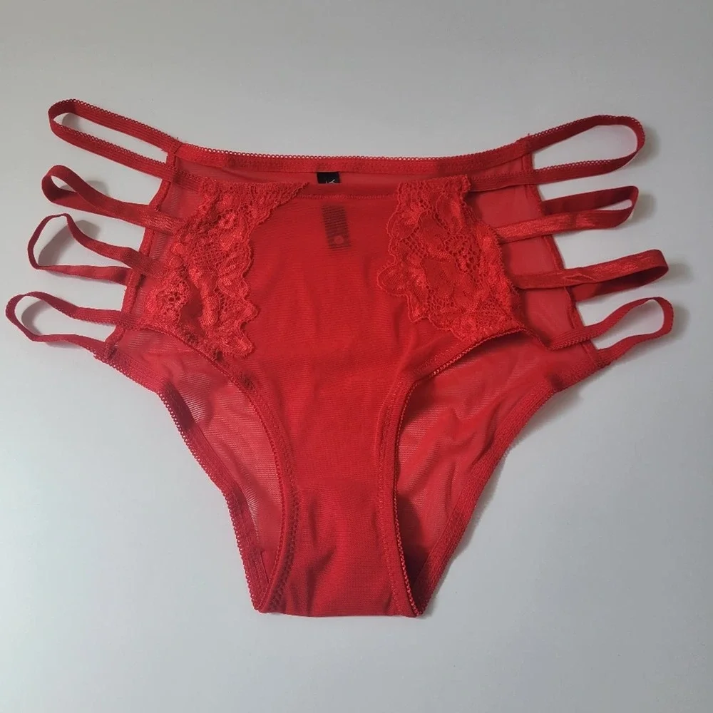 Yandy Red Applique Mesh Panty With Strappy Sides and Cheeky Cut Back Size S
